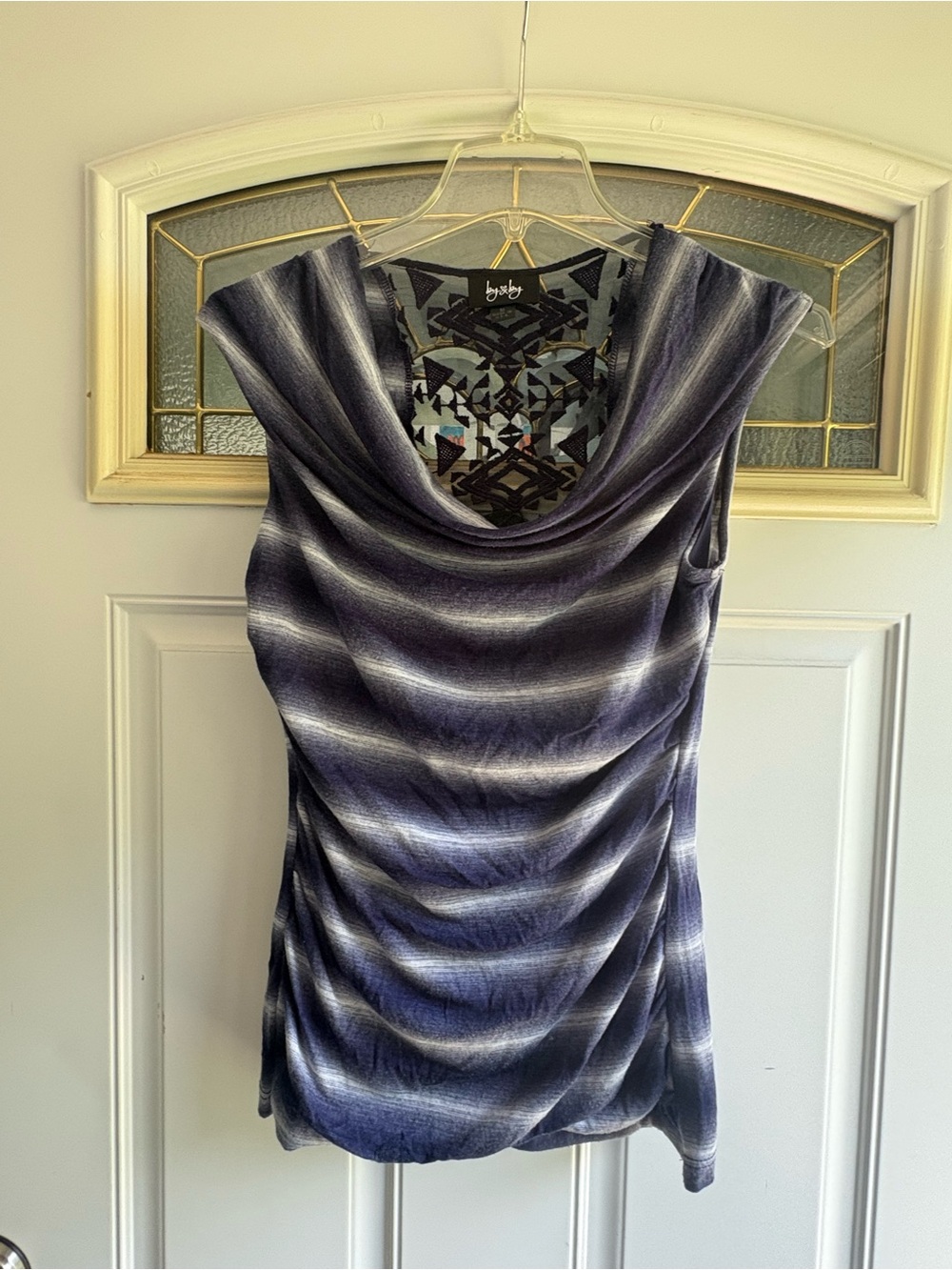 by & by Navy and White Striped Draped Cowl Neck Tank Top